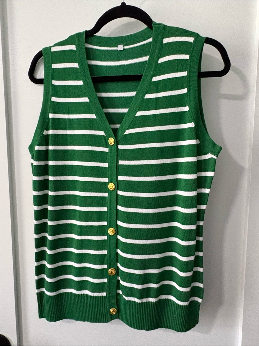 Green and White Striped Sleeveless Knit Cardigan Vest